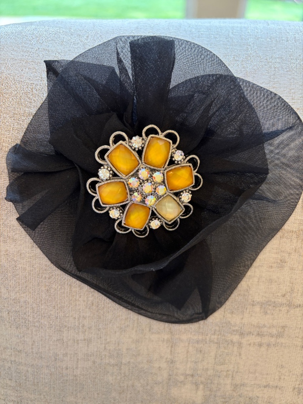 Yellow Glass Floral Brooch Pin with Crystal Accents